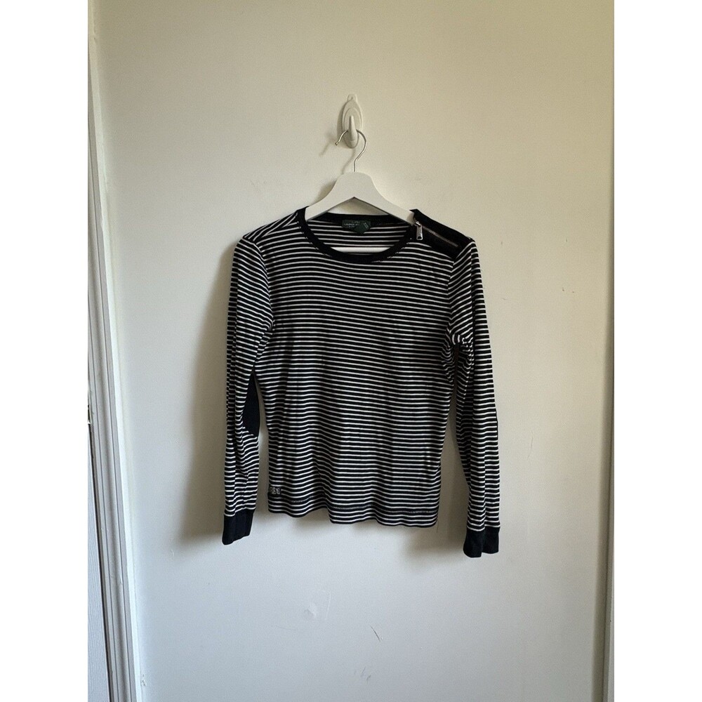 Lauren Ralph Lauren M Black White Striped Ribbed Long Sleeve Top Elbow Patch